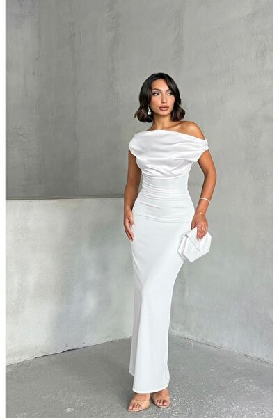 Linich&Co White Satin Off-The-Shoulder Blouse-Diver Skirt Evening Dress Suit 5098
