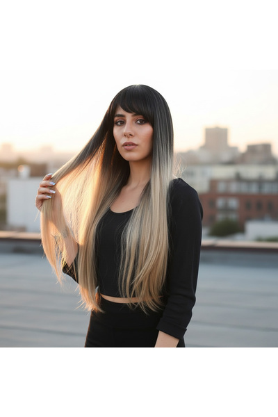 ALVERA COLLECTION Fiber Sen Long Straight Wig with Bangs / Black / Honey Blon...