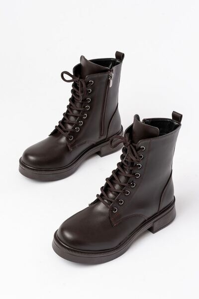 Rainon Store Elegant Steps, All-Day Comfort - 02-356 Brown Flat Heel Lace-Up Zipper Boots