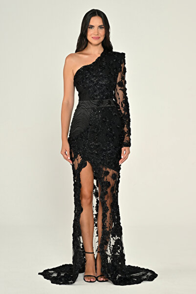 ALFABETA فستان سهرة أسود بكتف واحد وتطريز ثلاثي الأبعاد