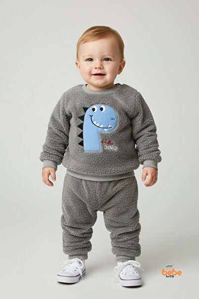 Boys Dinosaur Embroidered 2-Piece Plush Fleece Pajamas Set Home & Casual Clothing Set Tracksuit