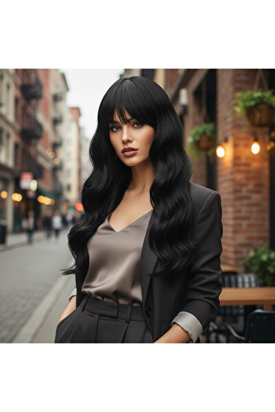 Generic Brand Daalı Perçemli Fiber Sen Перука със средна дължина / Черен