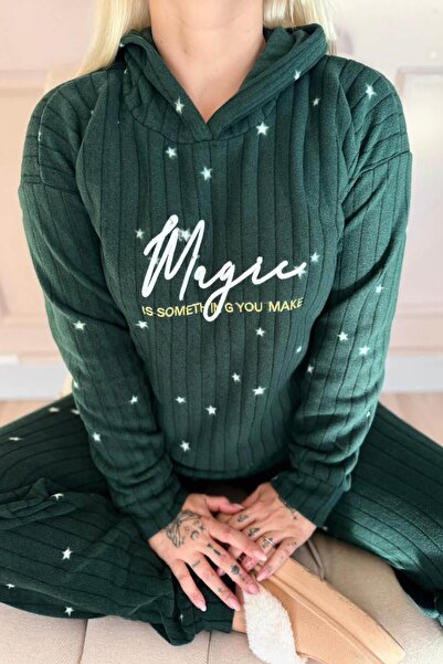 Pijamaevi Green Magic Patterned Hooded Plush Fleece Pajama Set