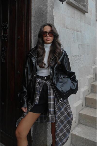 Havoş Black Leather Jacket with Belt Detail