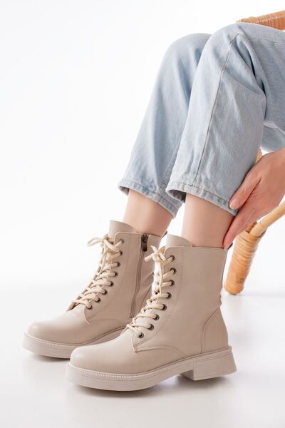 Rainon Store Elegant Steps, All-Day Comfort - 02-356 Beige Flat Heel Lace-Up Zippered Boots