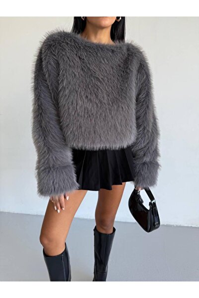 maf collection Γυναικείο πουλόβερ με κοντό γούνινο λαιμόκοψη σε γκρι χρώμα