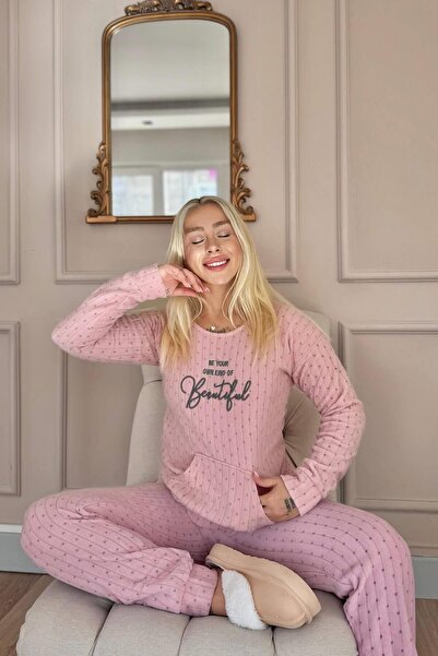 Pijamaevi Açık Pembe Beautiful Desenli Kanguru Cepli Peluş Polar Pijama Takımı