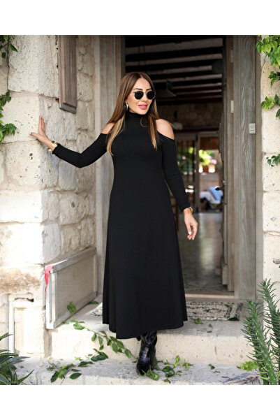 buğrahayalin    Women's Turtleneck Off-The-Shoulder Long Sleeve Janjan Crepe Dress