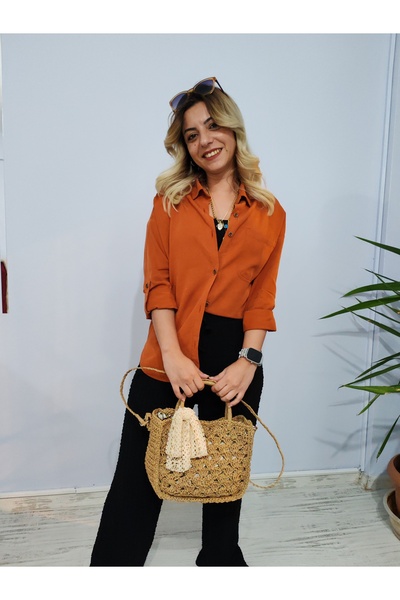 Cadde Dükkanı El Yapımı Örgü El ve Omuz Çantası Kare Hasır Rengi