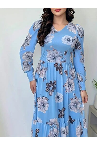 Bijuterria EQURİ Γυναικείο μακρυμάνικο φόρεμα με λαιμόκοψη σε σχήμα V με λουλουδάτο σχέδιο Maxi Single Jersey