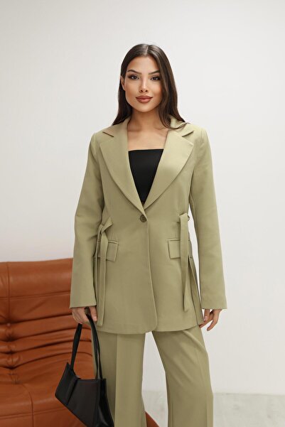 polle Kadın Haki Yandan Kuşaklı Blazer Ceket Pantolon Takım