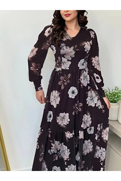 JANES Γυναικείο μακρυμάνικο φόρεμα με λουλουδάτο σχέδιο με λαιμόκοψη σε σχήμα V