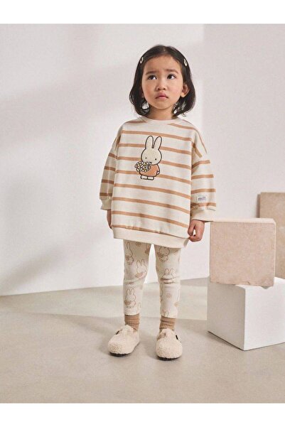 MİO Kız Çocuk Pamuklu Bej Çizgili Tavşan Baskılı Sweatshirt ve Tavşan Desenli Tayt Takım