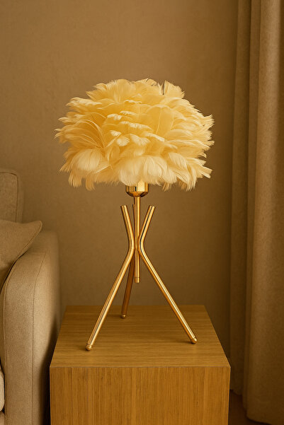 Natiorj Özel Gold Metal Tripod Ayaklı Krem Kuş Tüyü Model Masa Lambası Salon ...