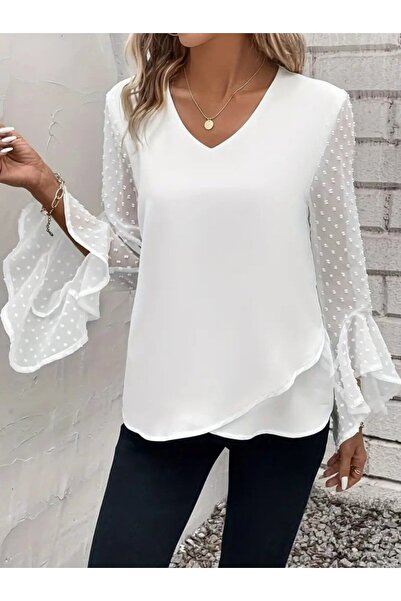 Meleners Women's Long Sleeve V-Neck Sandy Blouse with Spanish Detail on the Sleeves