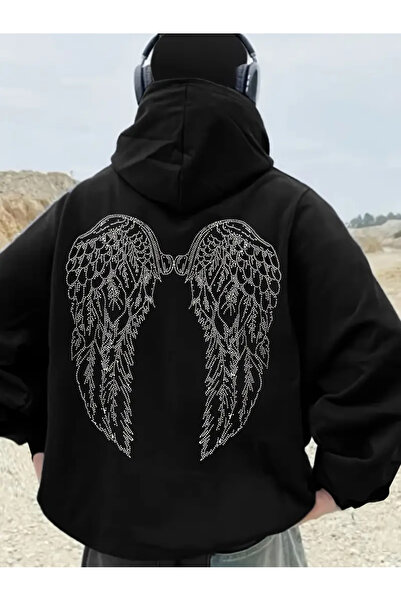 Gofeel Kanat Taş Baskılı Şık Kapşonlu Maskeli Hırka