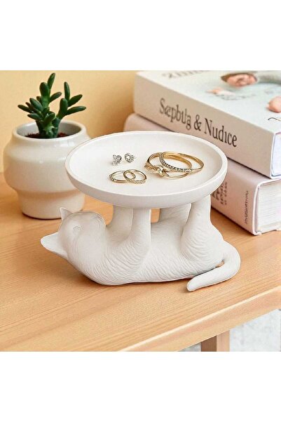 Dropcek eticaret Beyaz Dekoratif Kedi Temalı Takı Organizeri ve Aksesuar Sunu...