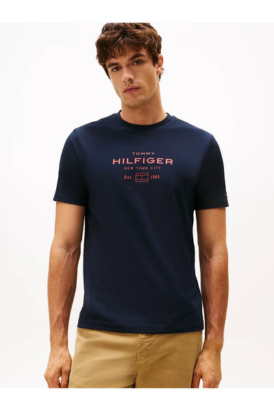 Tommy Hilfiger Erkek Bisiklet Yaka Yazılı Kısa Kol Pamuklu Regular Fit Mavi T-Shirt MW0MW40002-DW5
