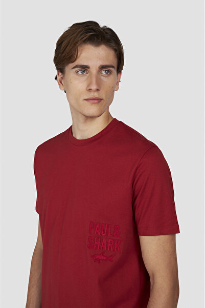 PAUL&SHARK Men's Regular Fit Round Neck 100% Cotton Logo Embossed Short Sleeve Red T-Shirt 15311634-6