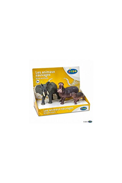 Papo - Set de animale sălbatice Elefant, Hipopotam și Pui de Hipopotam