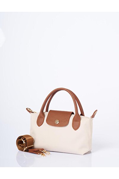 Kayra Medium Size Snap Detailed Fabric Shoulder Bag Cream
