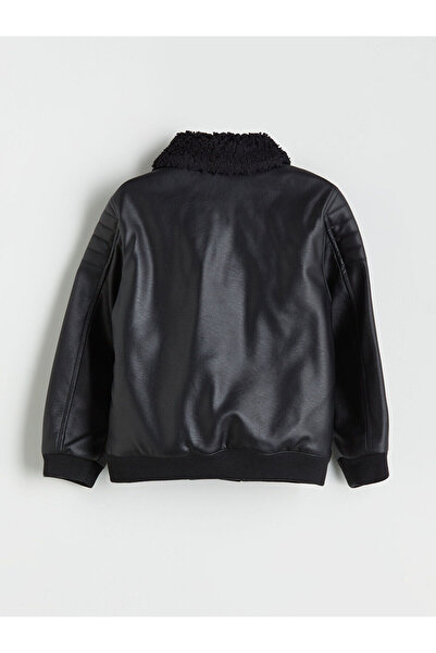 LC Waikiki Lcw kids black plush collar leather look boys' jacket