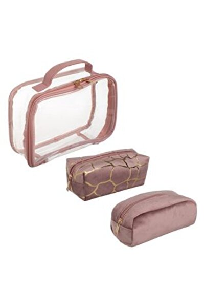 Jumbo Set Transparent Cosmetic Pouches - Pink Nude Golden Foil - 3 Pieces