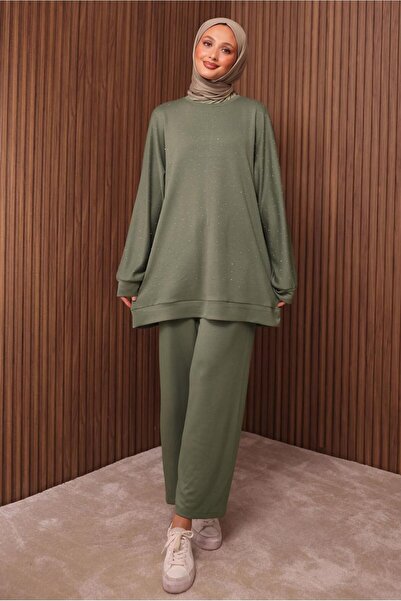 TRENDTESETTÜR Women's Green (Cagla) Stone Printed Pants Suit t 2535