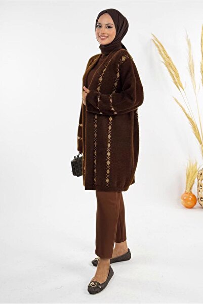 TRENDTESETTÜR Women's Brown Patterned Cardigan t 72381