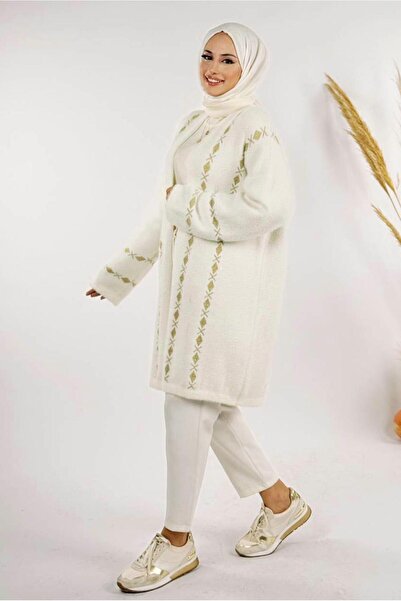 TRENDTESETTÜR Women's Ecru Patterned Cardigan t 72381