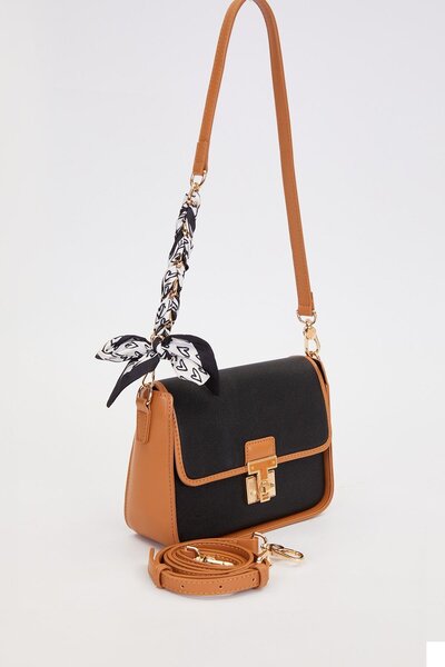 Levidor Black-Camel Shoulder Bag with Scarf Tie Detail