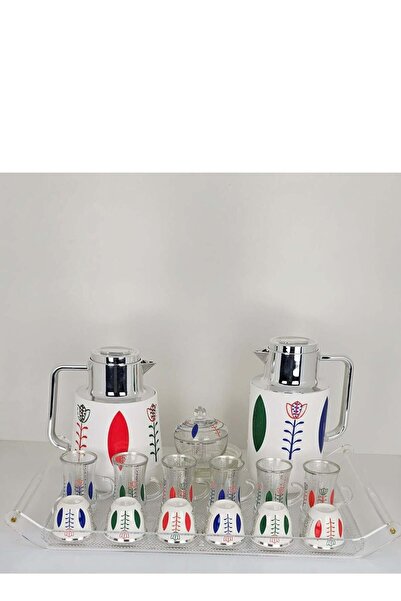 Radin Damanhoor 22Piece Arabic Tea & Coffee Set Elegant Silver Design with Thermoses Glass Cups & Tray