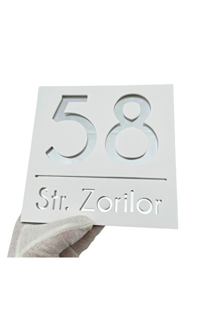 Adresa VIP NUMAR CASA PREMIUM - Alb Satinat Argintiu Oglinda - 17x17cm