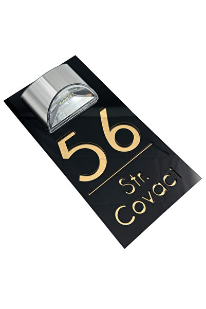 Adresa VIP NUMAR CASA PREMIUM - Negru Lucios Auriu Oglinda Lampa Solara - 30x...