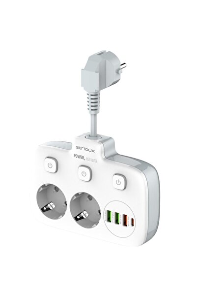 SERIOUX PS24W Power Strip - 2 Outlets, 6×USB, PD Type-C, QC3.0, Switch, Surge Protection