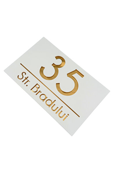 Adresa VIP NUMAR CASA PREMIUM - Alb Satinat Auriu Oglinda - 24x15cm