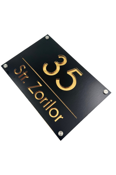 Adresa VIP NUMAR CASA PREMIUM - Aluminiu Periat Negru Auriu Oglinda 4 Distant...