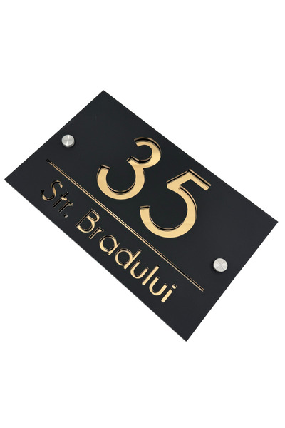 Adresa VIP NUMAR CASA PREMIUM - Negru Satinat Auriu Oglinda 2 Distantieri Argintii - 24x15cm