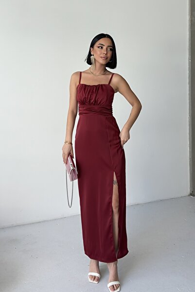 ALFUDO Moda Collection İnce Askılı Göğüs Drapeli Saten Elbise Bordo