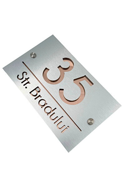 Adresa VIP NUMAR CASA PREMIUM - Aluminiu Periat Roze Auriu Oglinda 2 Distantieri Argintii - 24x15cm