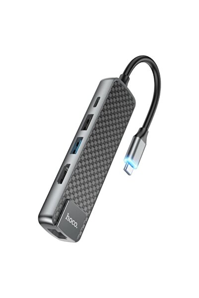 Hoco Hub USB-C HB23 Easy Display, USB-A 3.0 - USB-C - HDMI - RJ45, Negru