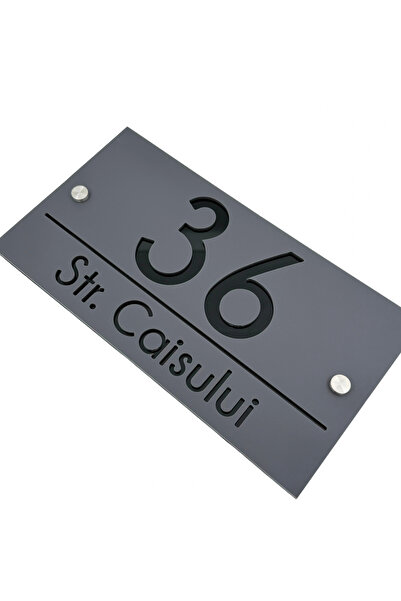 Adresa VIP NUMAR CASA PREMIUM - Gri Satinat Negru Lucios 2 Distantieri Argintii - 28x15cm