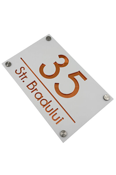 Adresa VIP NUMAR CASA PREMIUM - Alb Satinat Cupru Oglinda 4 Distantieri Argin...