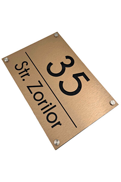 Adresa VIP NUMAR CASA PREMIUM - Aluminiu Periat Bronz Negru Lucios 4 Distantieri Argintii - 30x20cm