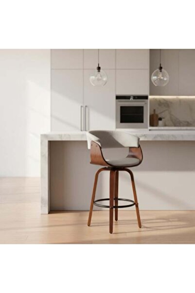 Family Ship كرسي بار، مقعد طويل منجد بقاعدة خشبية - رمادي فاتح