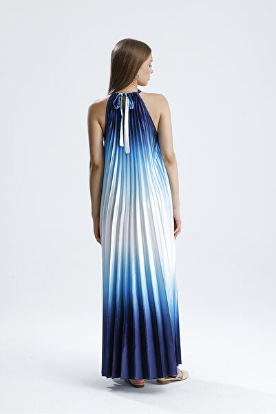 Sense Blue White Ombre Pleated Maxi Dress - Halter Neck, Stylish and Elegant |   Elb35857 Blue-Blue