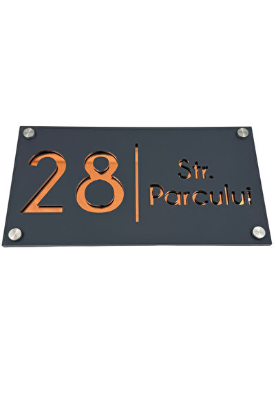 Adresa VIP NUMAR CASA PREMIUM - Gri Satinat Cupru Oglinda 4 Distantieri Argintii - 28x15cm