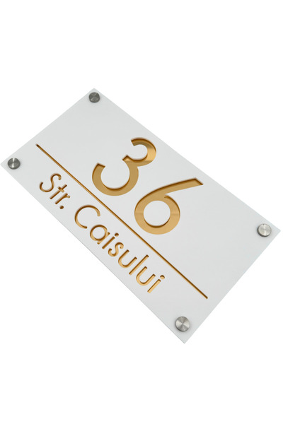 Adresa VIP NUMAR CASA PREMIUM - Alb Satinat Auriu Oglinda 4 Distantieri Argintii - 28x15cm