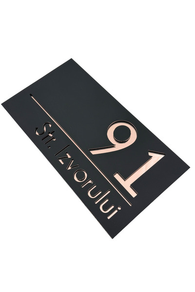 Adresa VIP NUMAR CASA PREMIUM - Negru Satinat Roze Auriu Oglinda - 28x15cm