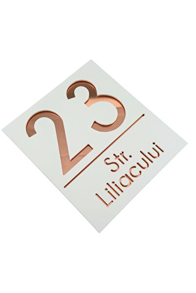 Adresa VIP NUMAR CASA PREMIUM - Alb Satinat Roze Auriu Oglinda - 18x16cm